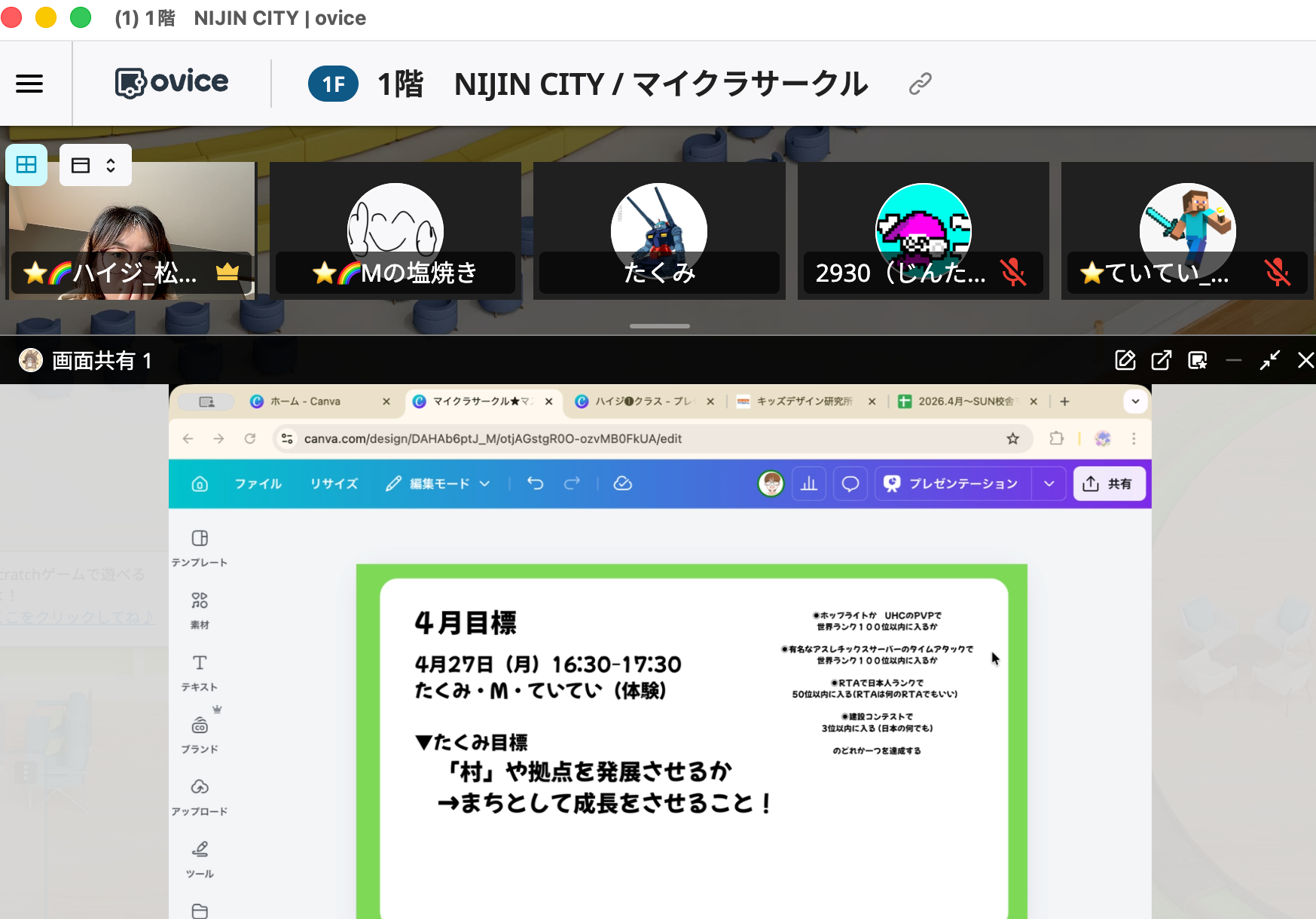 メタバース校舎で開かれているマイクラサークルの画面