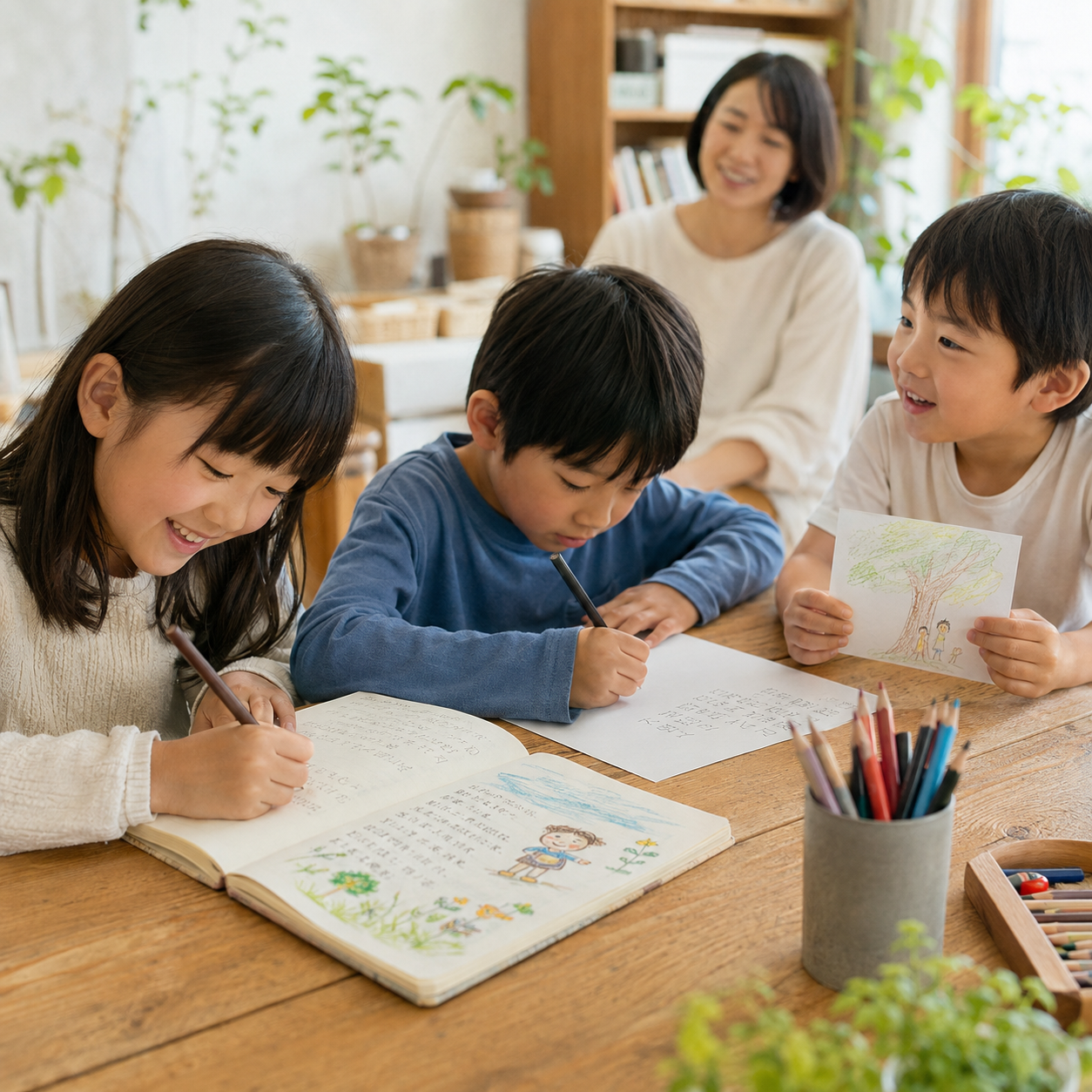 机に向かって書く活動に取り組む子どもたち