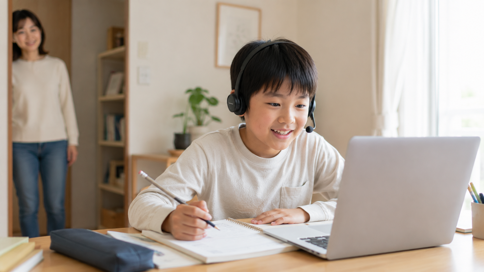自宅からオンライン授業に参加する小学生