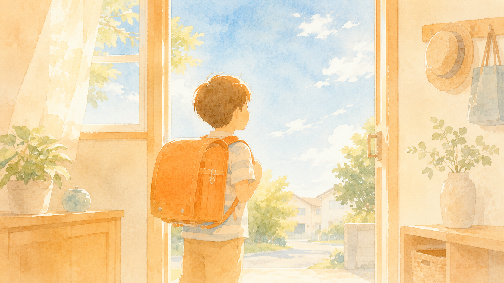 朝、玄関で外を見る子どものイラスト(水彩)