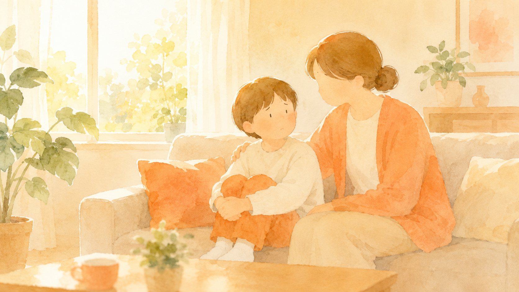 朝のリビングで保護者が子どもに寄り添うイラスト(水彩)