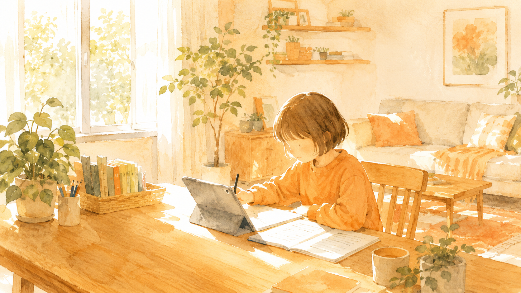陽だまりの部屋で、タブレットを使って学ぶ子ども