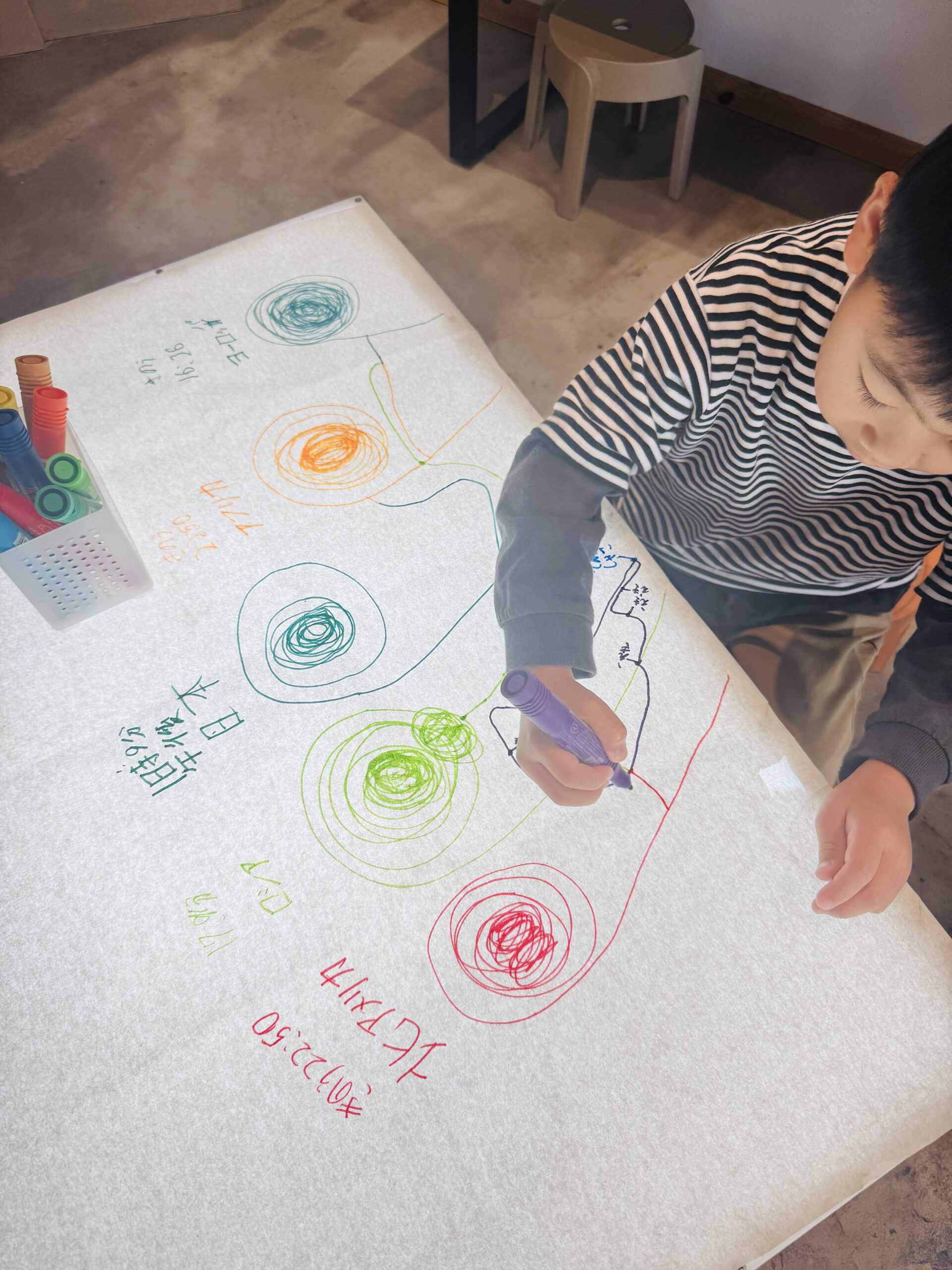 大きな紙に絵を描く子どもたち