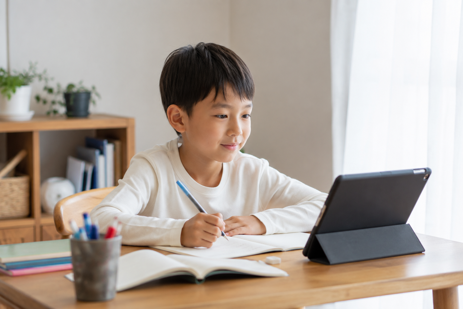 子どもが自宅でタブレットを使って学ぶ様子