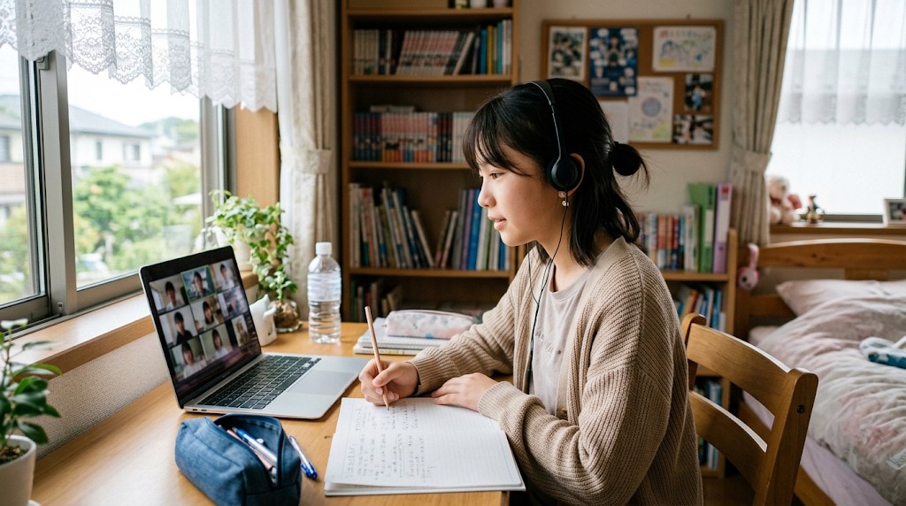 オンライン授業を自宅で受ける小学生の女の子（週1通学＋オンライン）