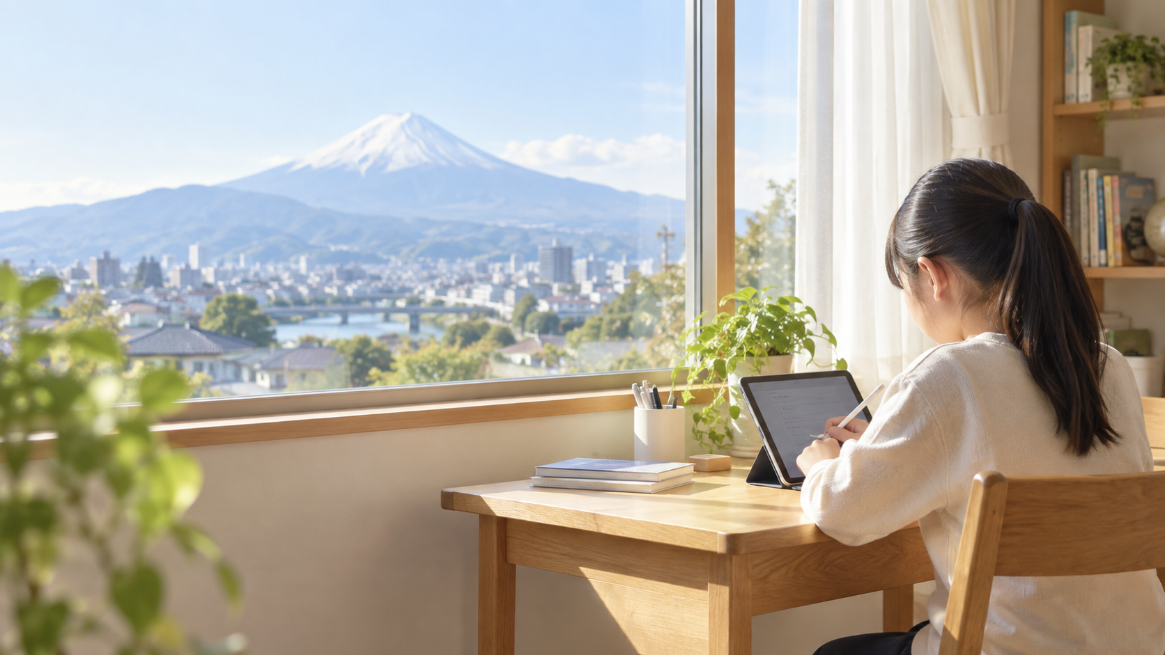 富士山が見える家でタブレット学習をする子ども