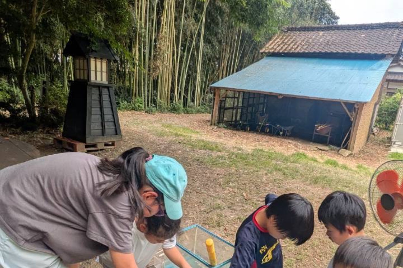外で作業をする子どもたち
