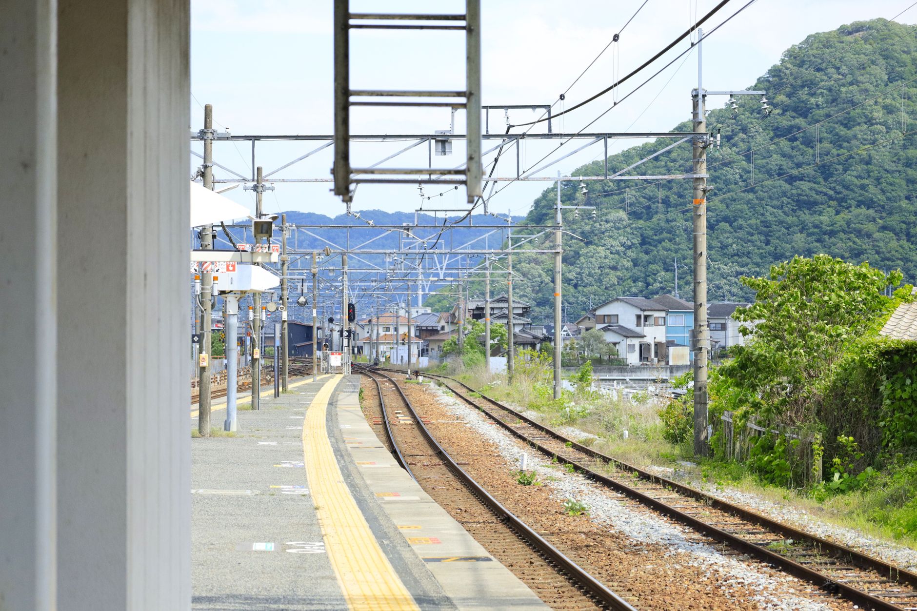 屋根のある駅のホームと線路