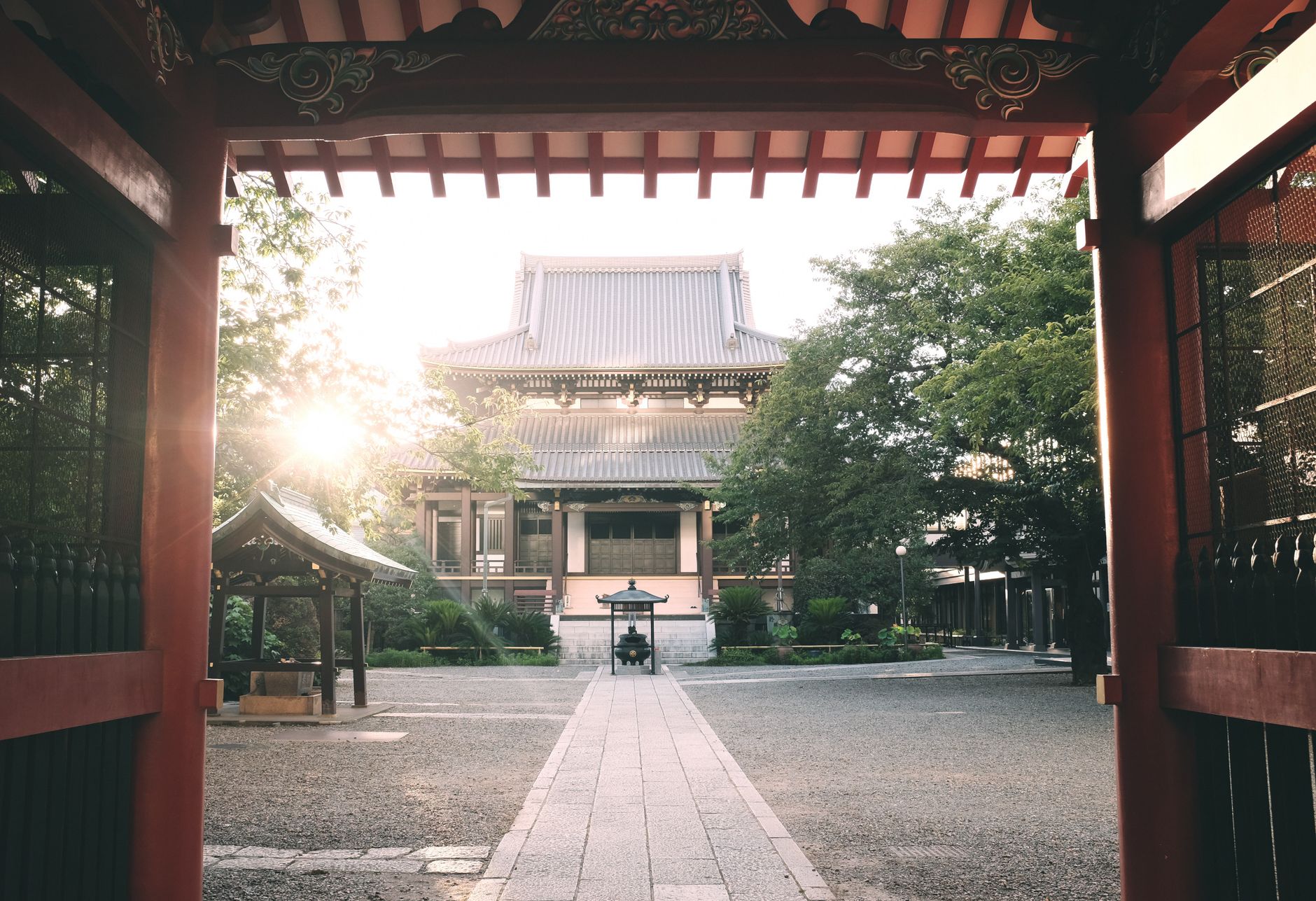木漏れ日の差す寺の境内の小道