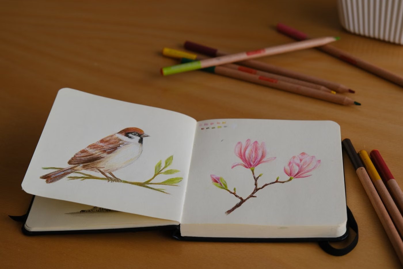 スケッチブックに描いた鳥の絵