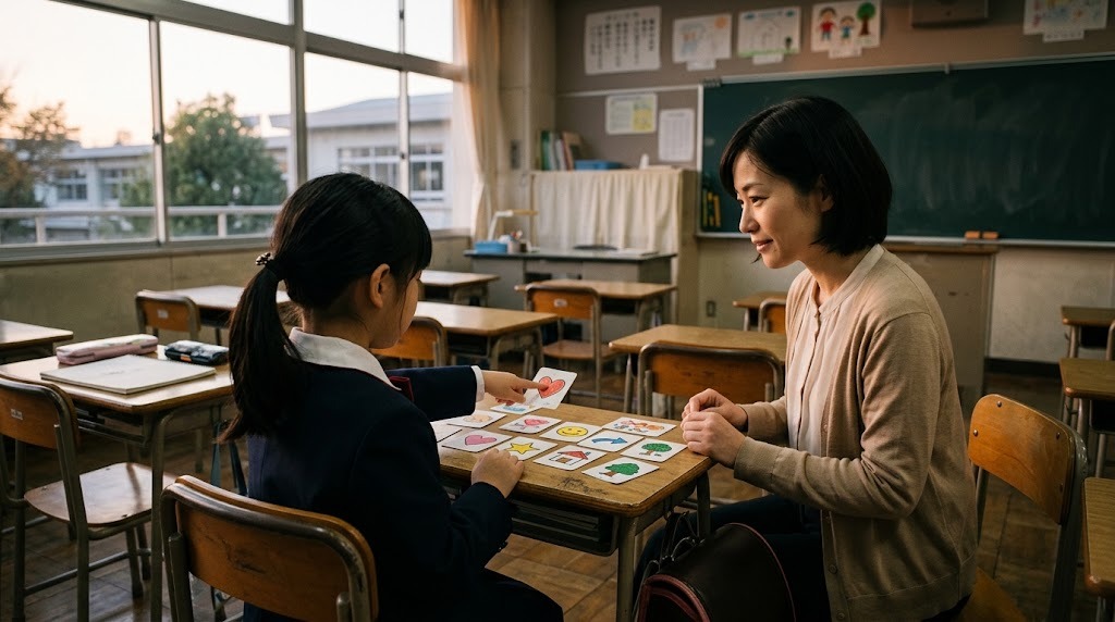放課後の教室で、小学生の女の子が絵カードを指さして先生に気持ちを伝えている