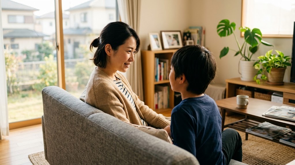 リビングのソファで、小学生の男の子の話に母親がほほえみながら耳を傾けている