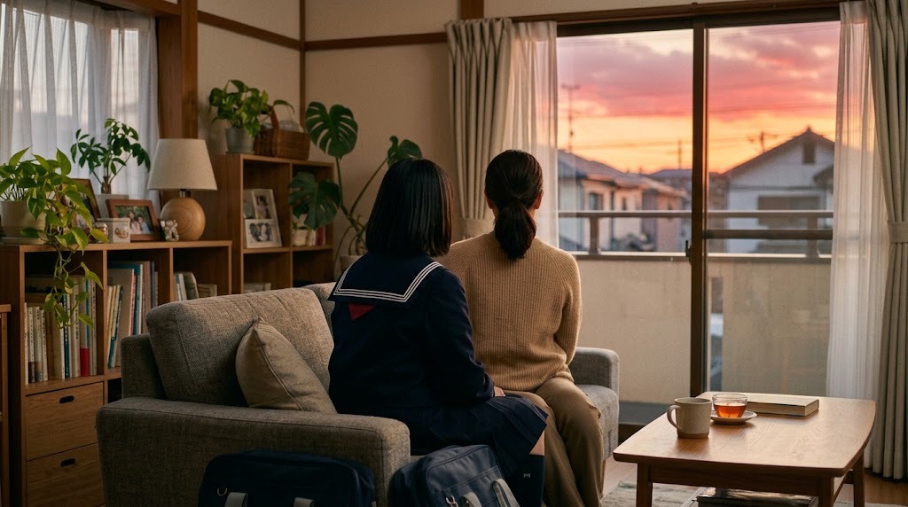 夕方のリビングで、制服姿の中学生の娘と母親が並んでソファに座っている