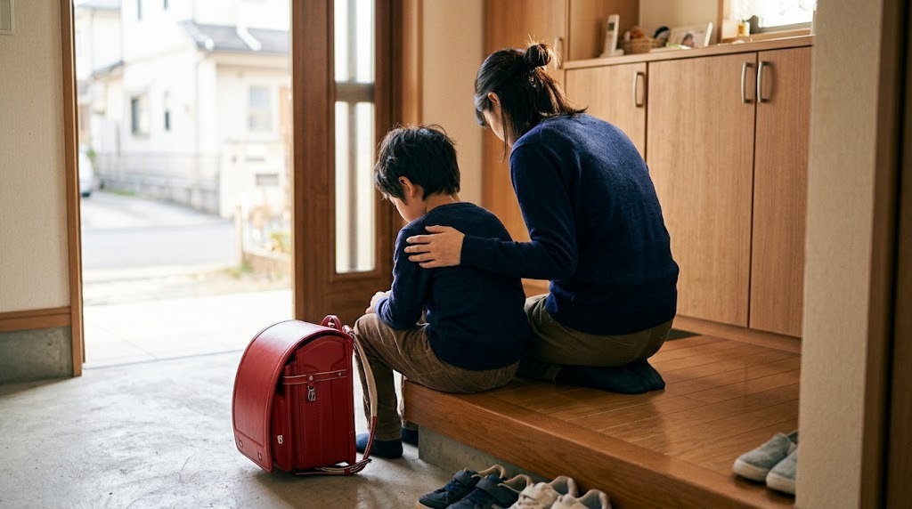 朝の玄関で、ランドセルを置いて座り込む小学生に母親が寄り添っている