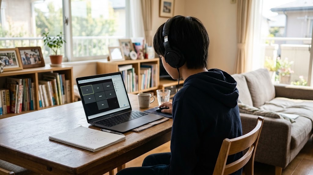自宅のリビングでヘッドホンをつけ、ノートパソコンでオンライン授業に参加する中学生