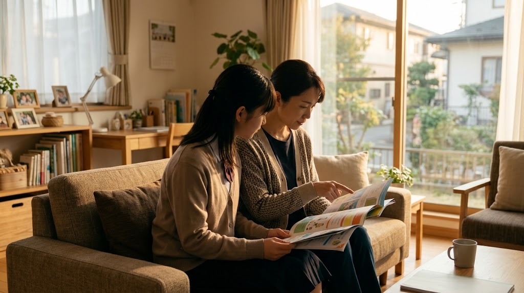 ソファに並んで座り、学校の案内資料を見ながら相談する母親と中学生の娘