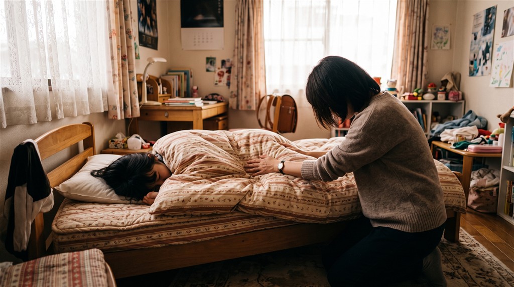朝、布団から起き上がれない中学生の娘の背中に、母親がそっと手を当てている