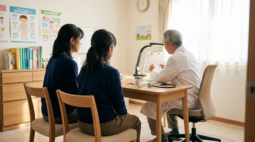 小児科の診察室で、医師の説明を並んで聞く母親と中学生の娘
