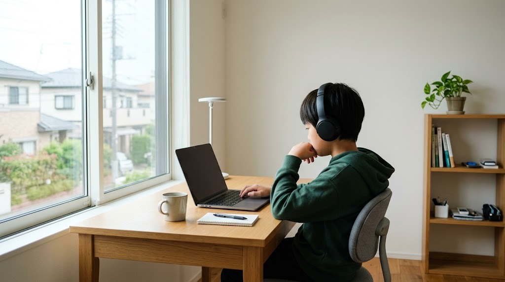 自宅の静かな部屋でヘッドホンをつけてノートパソコンに向かう子ども