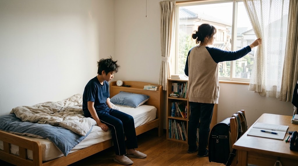 朝、カーテンを開けて光を入れる母親とベッドの上の子ども