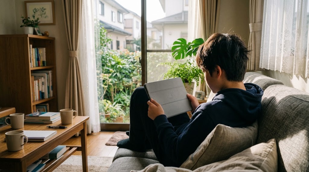 自宅でタブレットを使ってオンラインの学びに参加する中学生