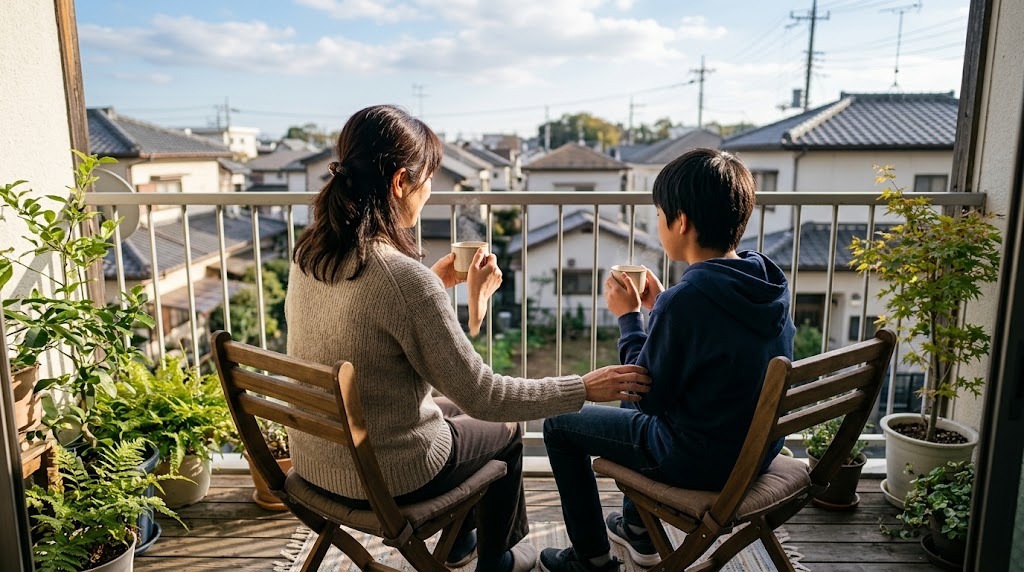 日中、ベランダで光を浴びながら過ごす親子