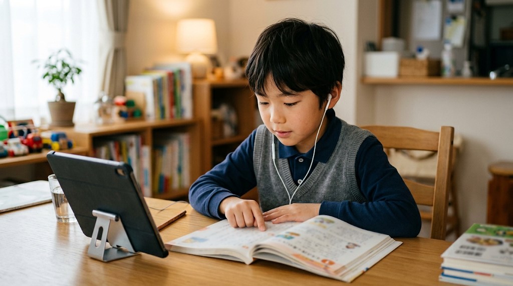 ダイニングテーブルでイヤホンをつけ、タブレットの読み上げを聞きながら教科書を指でたどる小学生の男の子