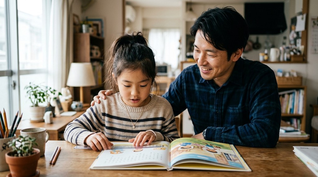 自宅の机で絵本の行を指でたどりながら音読する女の子と、隣で笑顔で見守る父親