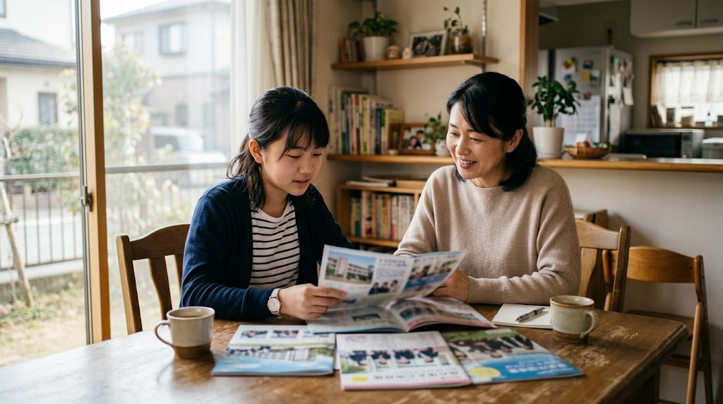自宅のダイニングテーブルで高校のパンフレットを広げ、母親と中学生の娘が進路を話し合っている様子