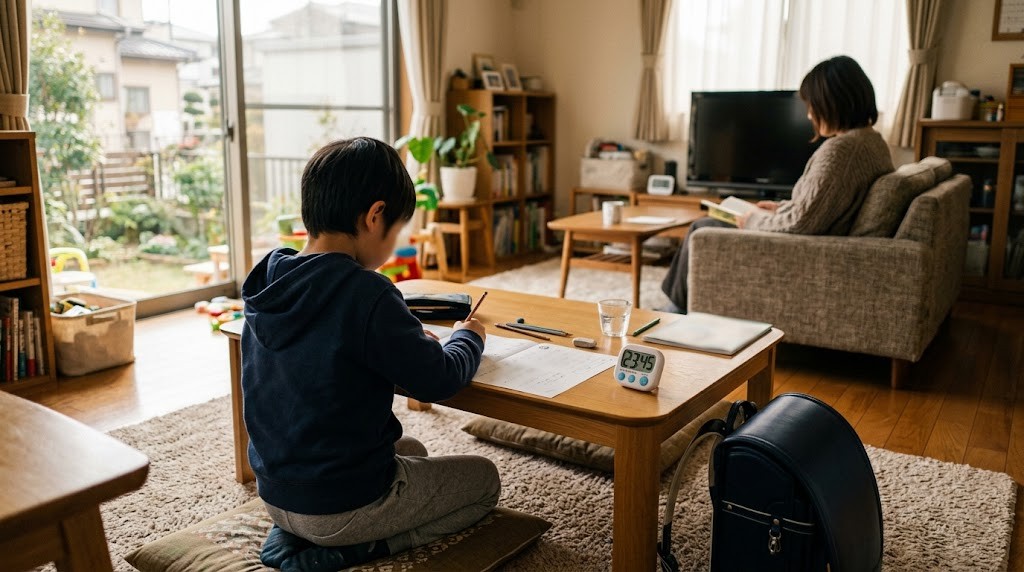 リビングでタイマーを置いて学習プリントに取り組む小学生と見守る親