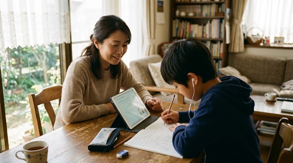 イヤホンでタブレットの読み上げを聞きながら学習する小学生と見守る親