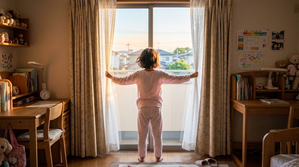 朝のカーテンを開ける子ども