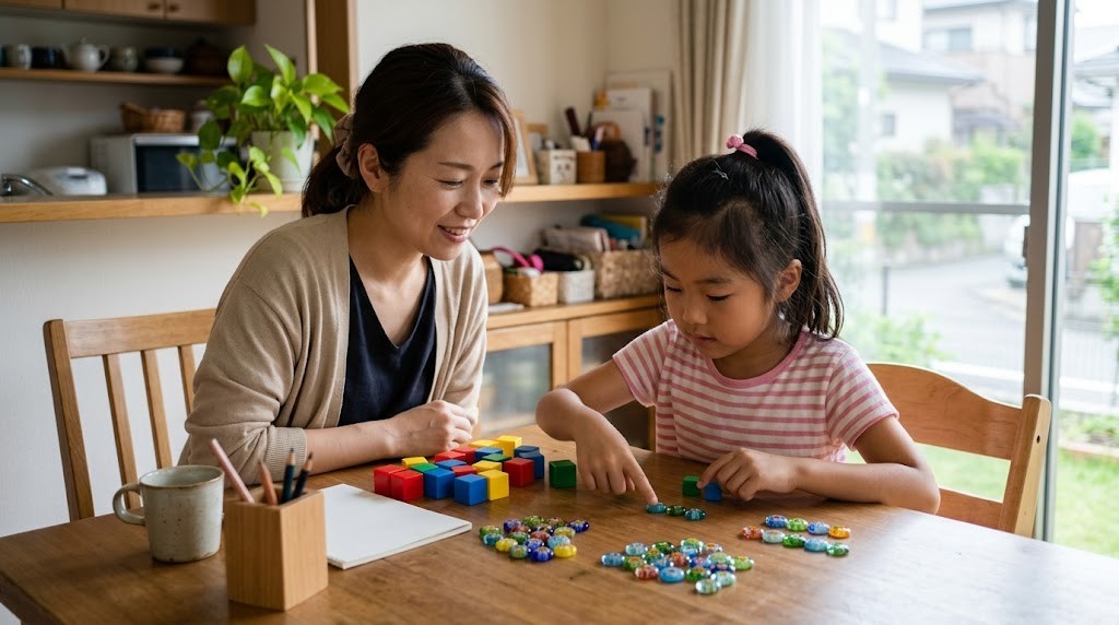ブロックやおはじきを並べて数を数える小学生と見守る母親