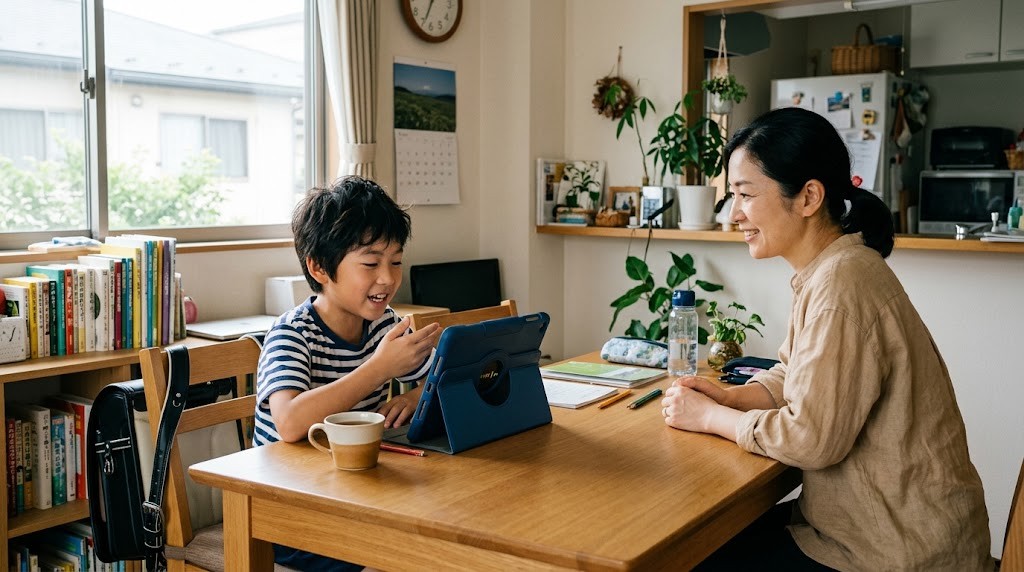 自宅でタブレットの音声入力を使って作文をする小学生と、見守る母親