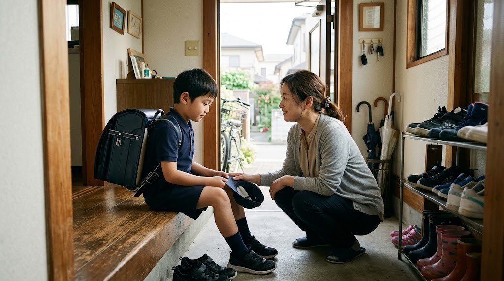ランドセルを背負えずに玄関に座り込む小学生と、しゃがんで目線を合わせる母親