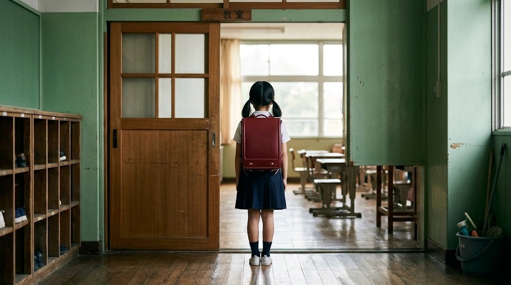 ランドセルを背負って教室の入口の手前で立ち止まる小学生