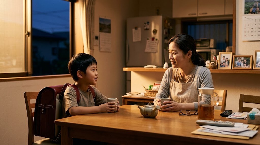 夕方のダイニングテーブルで子どもと保護者が向かい合って穏やかに話している