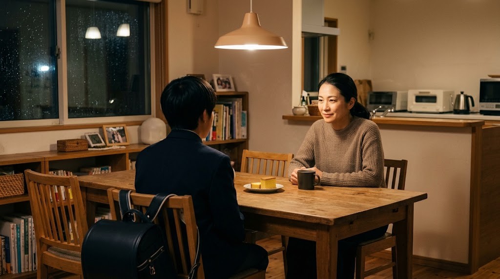 夜のダイニングで中学生と親が向かい合って話す様子