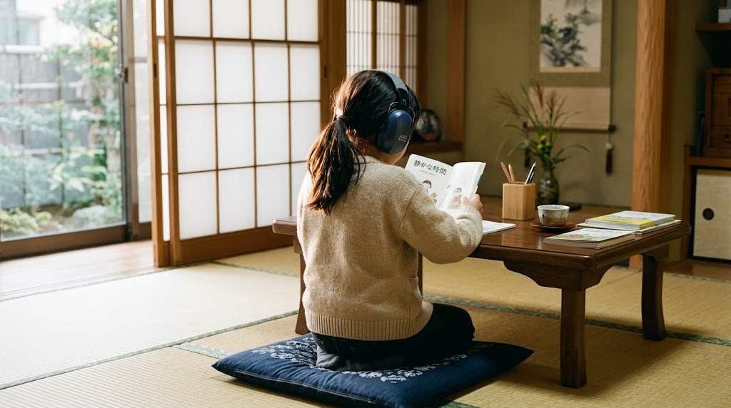 静かな和室でイヤーマフをつけて本を読む小学生