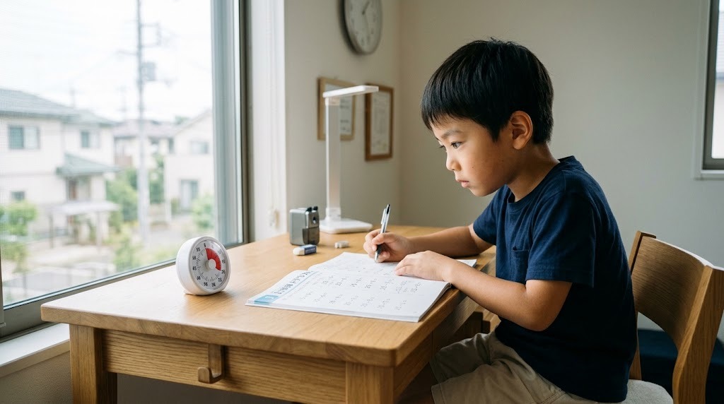 自宅の机でキッチンタイマーを横に置き、短い時間だけ集中してドリルに取り組む小学生の男の子