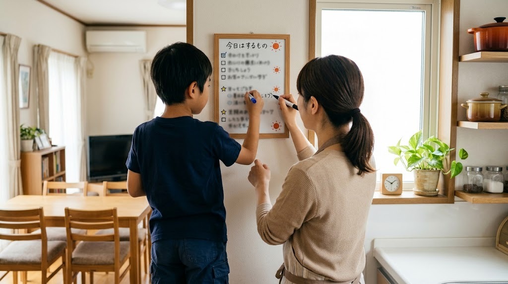 冷蔵庫の横のホワイトボードに、母親と小学生の子どもが一緒に今日やることを書き込んでいる様子