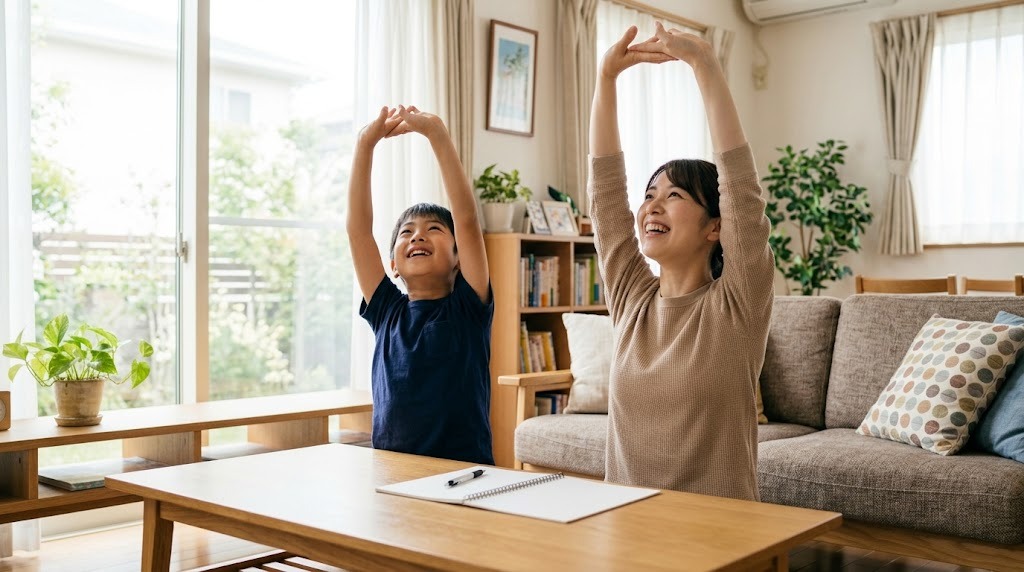 リビングで学習の合間に母親と一緒にストレッチをして体を動かす小学生