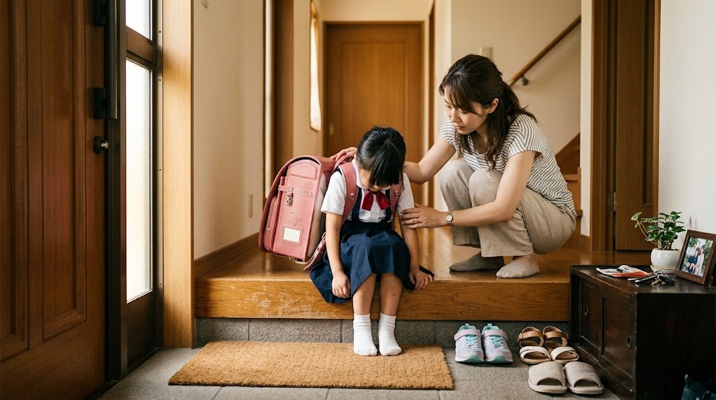 朝の玄関でランドセルを背負ったまま座り込む小学生と、そばに寄り添う母親