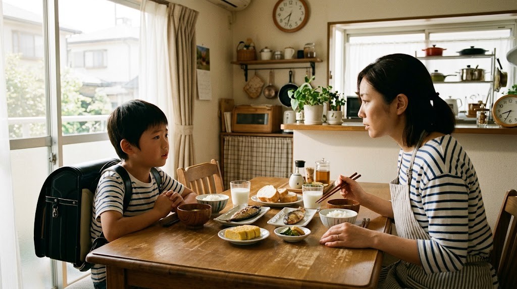 朝の食卓で子どもの話にじっと耳を傾ける母親