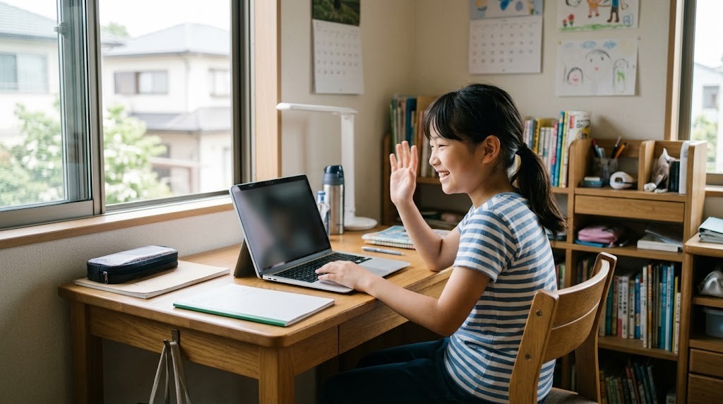 自宅でノートパソコンのオンライン授業に参加する小学生