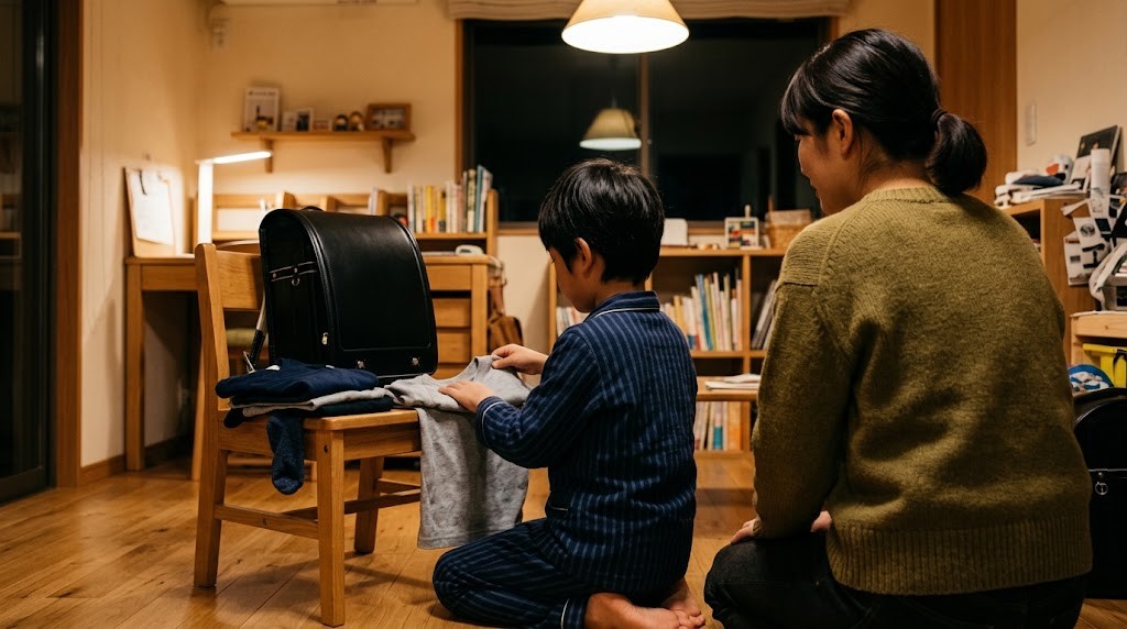夜に翌朝の服とランドセルを準備する小学生と見守る母親