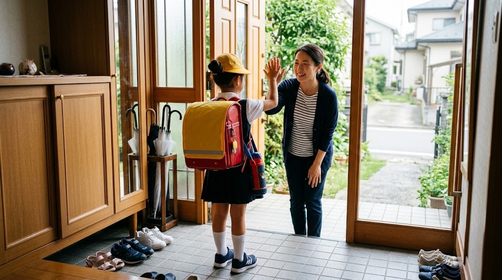 朝の玄関で母親とハイタッチする小学生