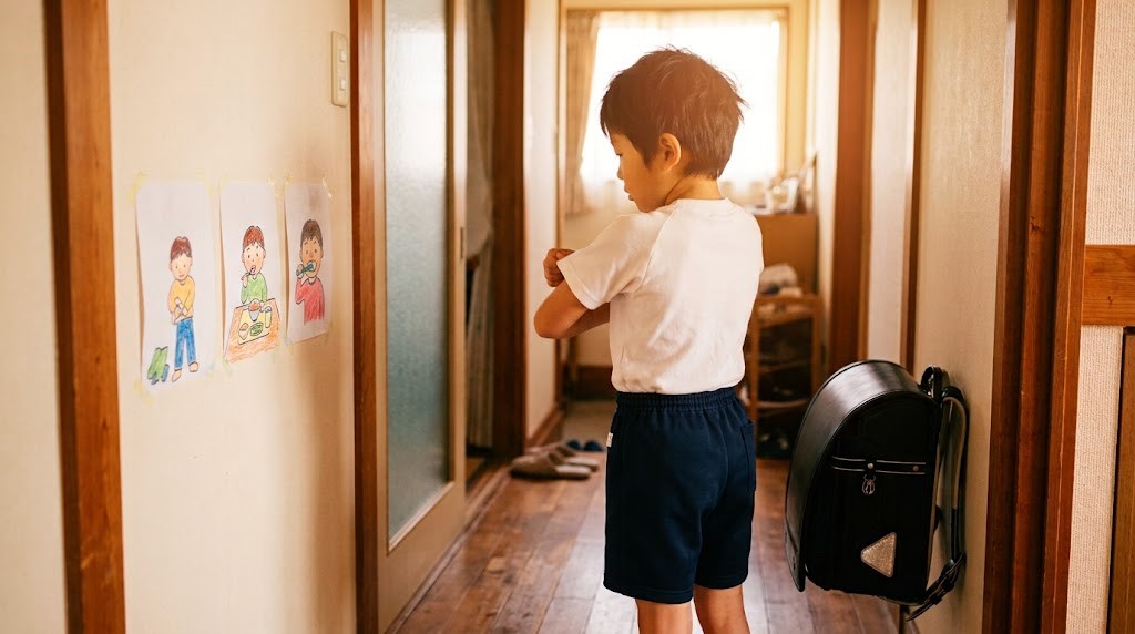 廊下に貼った朝の支度の絵カードを見ながら着替える小学生