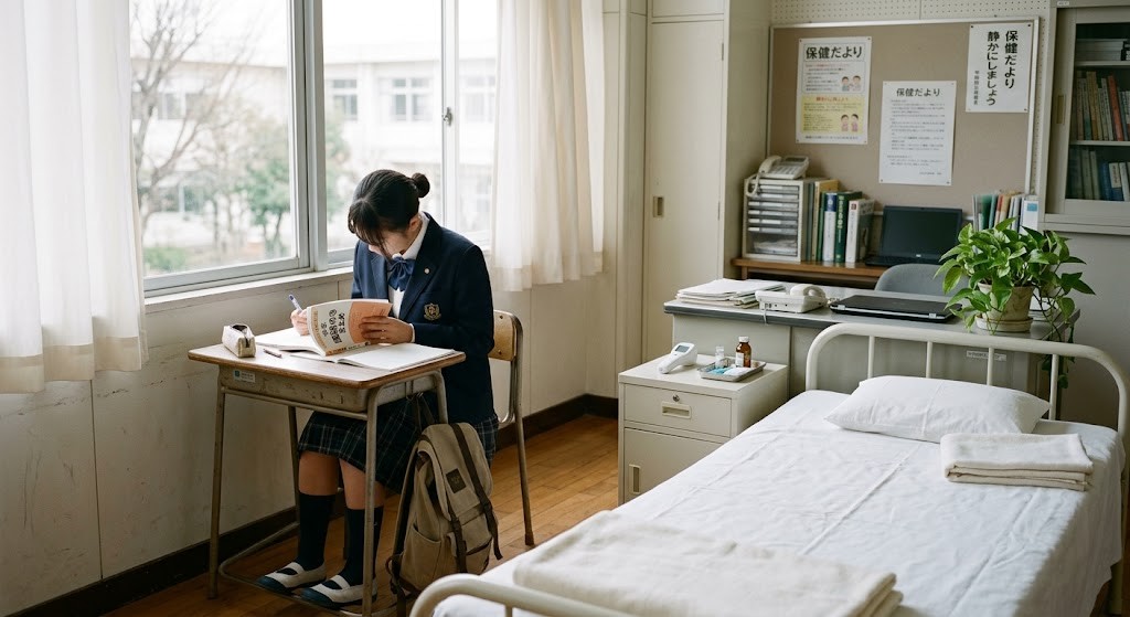 日本の中学校の保健室で一人静かに自習する生徒