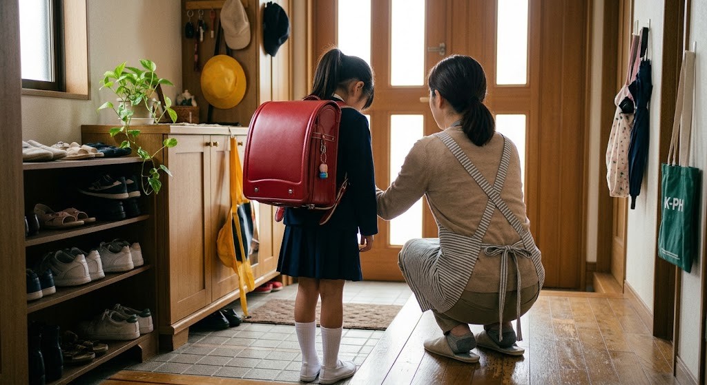 朝の玄関で子どもと目線を合わせて話す保護者
